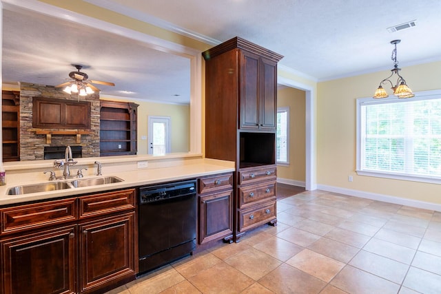 219 Devonshire Dr, Thomson, GA 30824 - kitchen with black dishwasher, a sink, plenty of natural light, light countertops, and crown molding