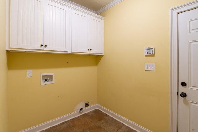 219 Devonshire Dr, Thomson, GA 30824 - laundry room featuring cabinet space, crown molding, baseboards, hookup for a washing machine, and electric dryer hookup