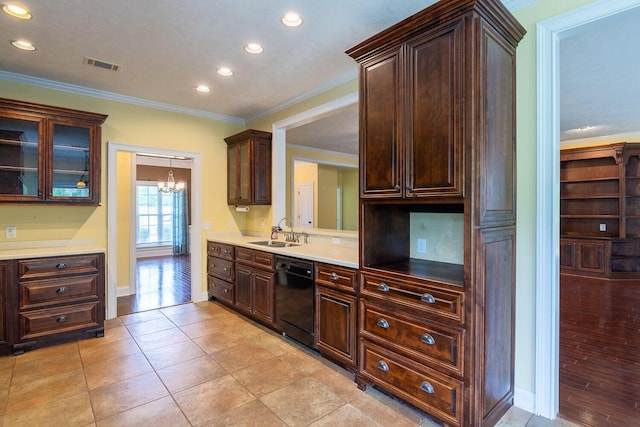 219 Devonshire Dr, Thomson, GA 30824 - kitchen featuring dishwasher, a sink, a chandelier, dark brown cabinets, and glass insert cabinets