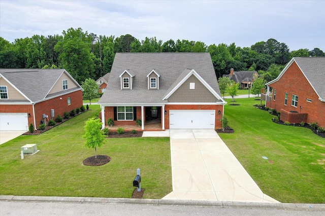 view of front of house featuring a garage, concrete driveway, a front lawn, and brick siding