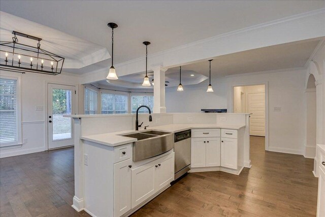 818 Fenwick Ct, Grovetown, GA 30813 - kitchen with dishwasher, a sink, a tray ceiling, crown molding, and dark wood finished floors