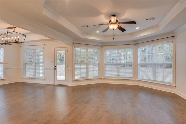 818 Fenwick Ct, Grovetown, GA 30813 - unfurnished sunroom featuring a raised ceiling, wood finished floors, a chandelier, ornamental molding, and baseboards