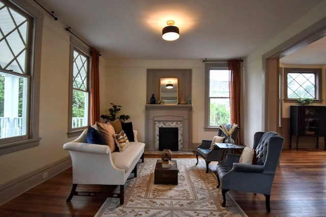 living room with baseboards, wood finished floors, and a tiled fireplace