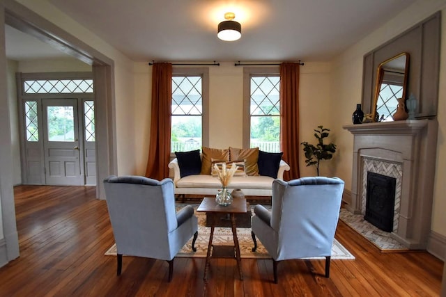 living room with hardwood / wood-style floors and a fireplace with raised hearth