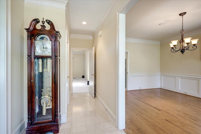 4482 Persimmon St, Evans, GA 30809 - hall with a chandelier, ornamental molding, a wainscoted wall, recessed lighting, and light tile patterned floors