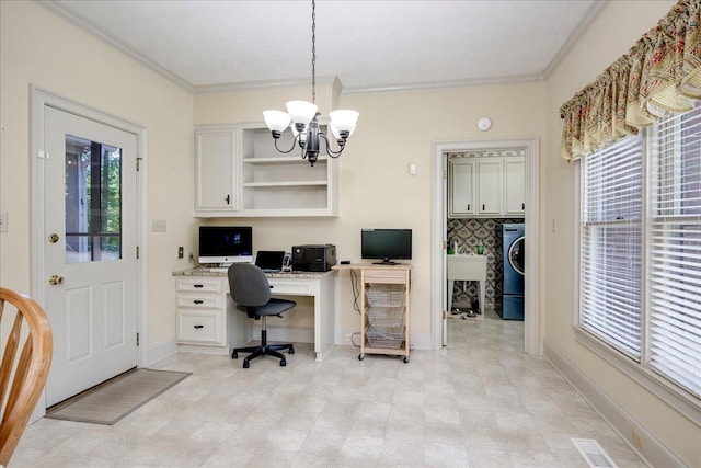4482 Persimmon St, Evans, GA 30809 - office featuring washer / clothes dryer, a chandelier, crown molding, baseboards, and built in study area