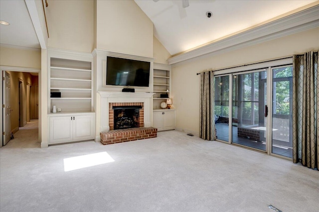 4482 Persimmon St, Evans, GA 30809 - unfurnished living room with carpet, a fireplace, built in features, high vaulted ceiling, and ceiling fan