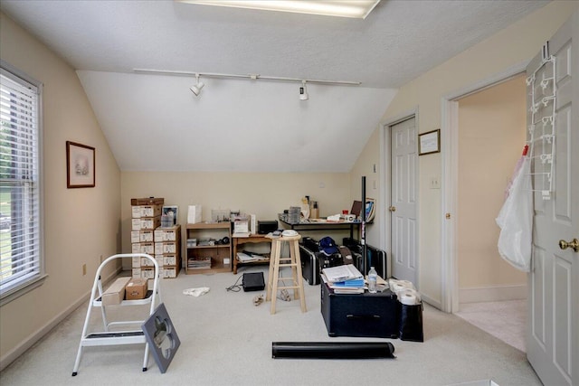 4482 Persimmon St, Evans, GA 30809 - office space featuring rail lighting, vaulted ceiling, carpet floors, plenty of natural light, and baseboards