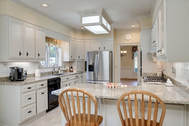 4482 Persimmon St, Evans, GA 30809 - kitchen featuring stainless steel refrigerator with ice dispenser, black dishwasher, a peninsula, a sink, and ornamental molding