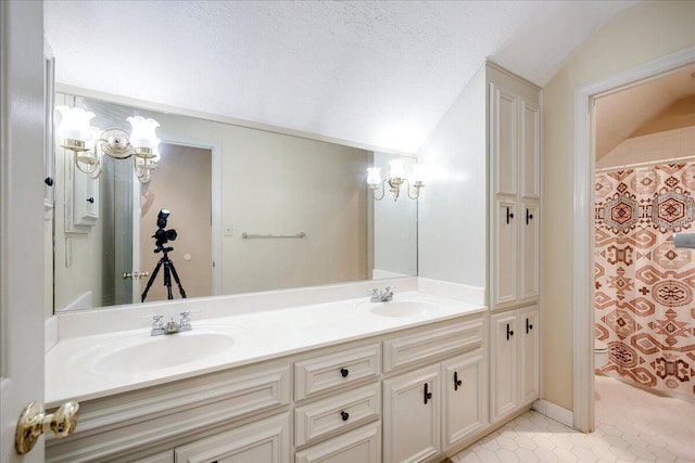 4482 Persimmon St, Evans, GA 30809 - full bath with double vanity, lofted ceiling, tile patterned floors, and a shower with curtain