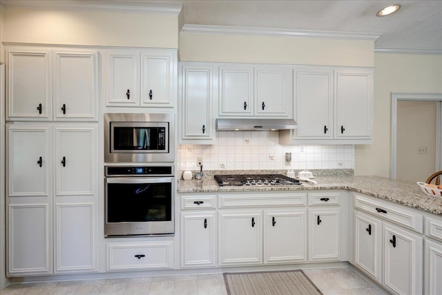4482 Persimmon St, Evans, GA 30809 - kitchen with appliances with stainless steel finishes, ornamental molding, tasteful backsplash, light stone counters, and under cabinet range hood