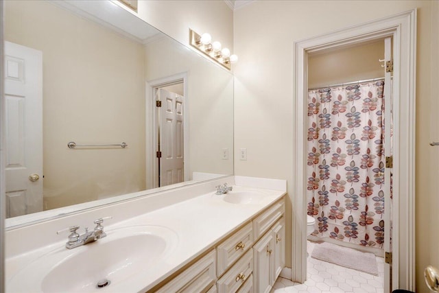 4482 Persimmon St, Evans, GA 30809 - full bathroom featuring double vanity, toilet, crown molding, tile patterned floors, and curtained shower