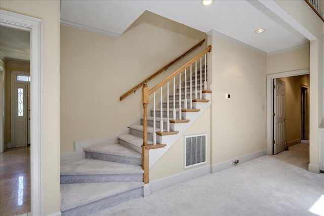 4482 Persimmon St, Evans, GA 30809 - stairway with ornamental molding, baseboards, recessed lighting, and carpet flooring