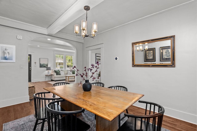 1512 Johns Rd, Augusta, GA 30904 - dining area with arched walkways, a chandelier, baseboards, dark wood-style floors, and beamed ceiling