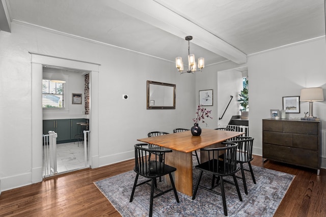 1512 Johns Rd, Augusta, GA 30904 - dining space featuring a chandelier, wood finished floors, baseboards, and beamed ceiling