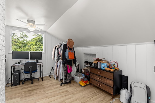 1512 Johns Rd, Augusta, GA 30904 - office area with wood finished floors, a ceiling fan, vaulted ceiling, and a decorative wall
