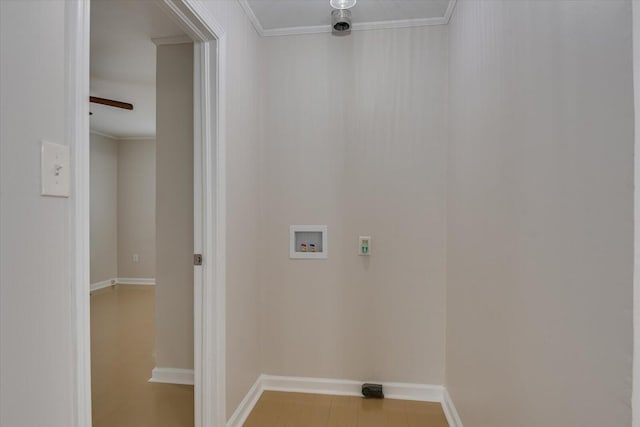 washroom with laundry area, baseboards, ornamental molding, wood finished floors, and washer hookup