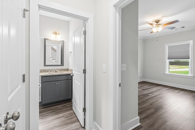 hallway with ornamental molding, a sink, light wood-style flooring, and baseboards