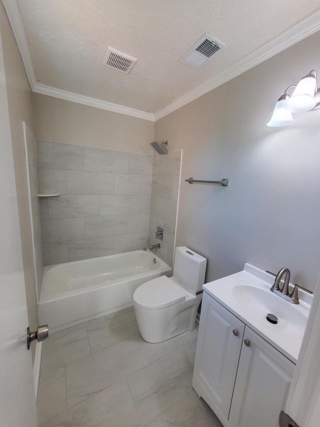 full bathroom featuring vanity, shower / bath combination, toilet, and crown molding