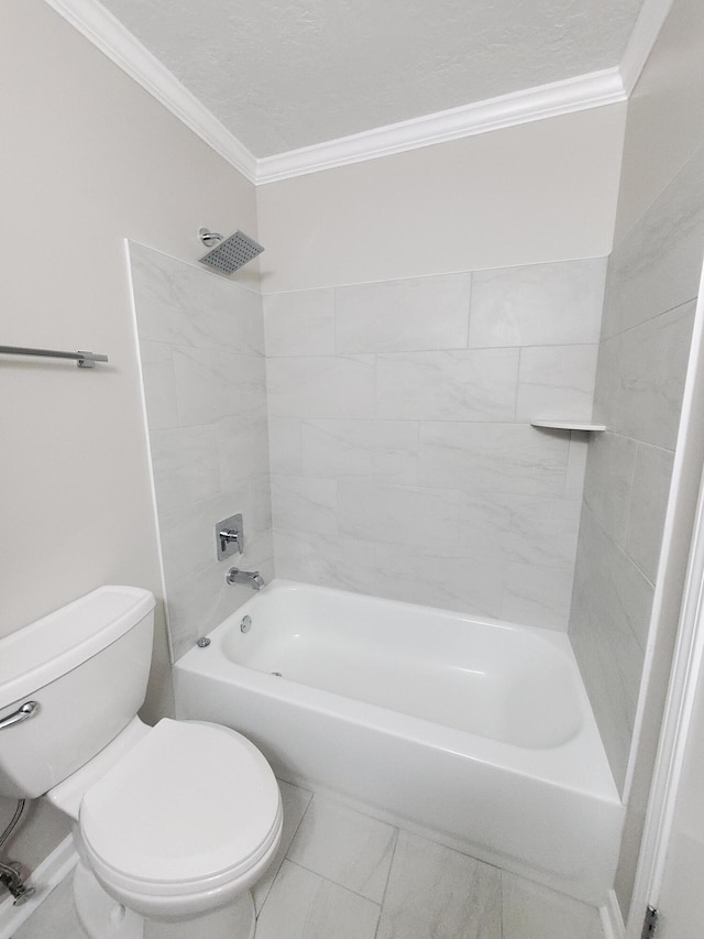 bathroom featuring shower / tub combination, crown molding, and toilet