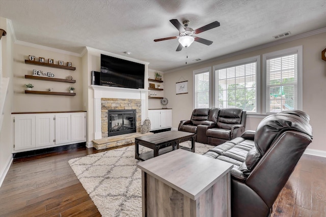 4074 Ellington Dr, Grovetown, GA 30813 - living area with a ceiling fan, dark wood finished floors, plenty of natural light, a textured ceiling, and ornamental molding