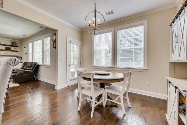 4074 Ellington Dr, Grovetown, GA 30813 - dining area featuring a chandelier, dark wood-style flooring, baseboards, a barn door, and ornamental molding