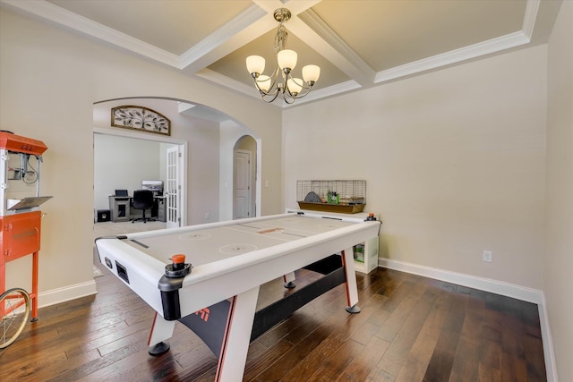 4074 Ellington Dr, Grovetown, GA 30813 - playroom with arched walkways, coffered ceiling, baseboards, a chandelier, and hardwood / wood-style flooring