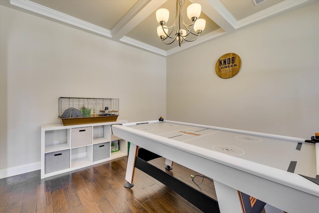 4074 Ellington Dr, Grovetown, GA 30813 - recreation room featuring a chandelier, ornamental molding, dark wood-style floors, beam ceiling, and baseboards