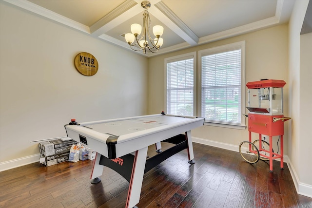 4074 Ellington Dr, Grovetown, GA 30813 - game room with a chandelier, baseboards, coffered ceiling, hardwood / wood-style floors, and beamed ceiling