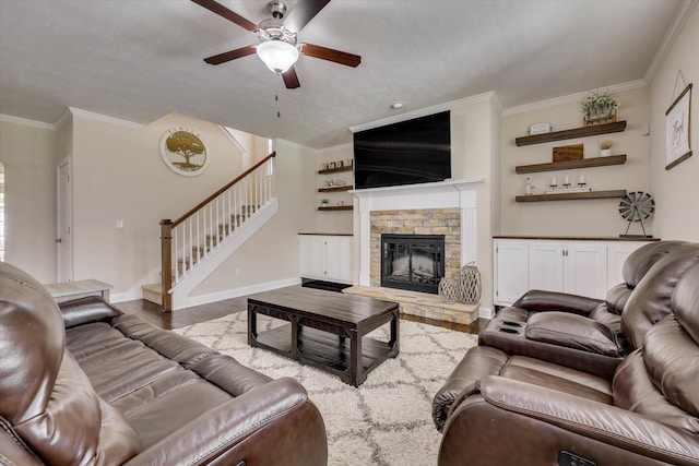 4074 Ellington Dr, Grovetown, GA 30813 - living area featuring wood finished floors, stairway, ceiling fan, crown molding, and baseboards
