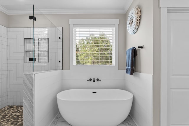 7181 Moontown Rd, Appling, GA 30802 - full bathroom with marble finish floors, a freestanding bath, walk in shower, and ornamental molding
