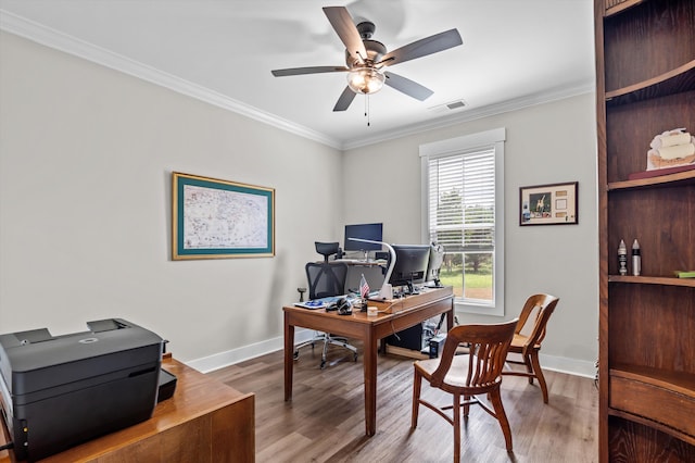 7181 Moontown Rd, Appling, GA 30802 - home office with wood finished floors, ornamental molding, and a ceiling fan