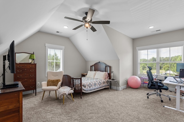 7181 Moontown Rd, Appling, GA 30802 - carpeted bedroom featuring a desk, vaulted ceiling, and a ceiling fan