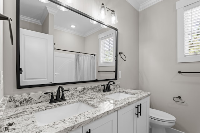 7181 Moontown Rd, Appling, GA 30802 - bathroom featuring double vanity, healthy amount of natural light, ornamental molding, and a shower with shower curtain