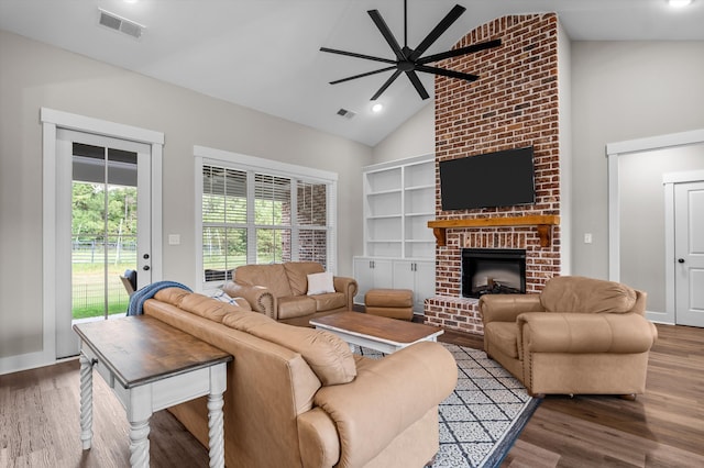 7181 Moontown Rd, Appling, GA 30802 - living area featuring a ceiling fan, wood finished floors, a fireplace, high vaulted ceiling, and recessed lighting