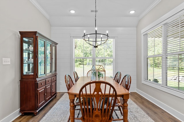 7181 Moontown Rd, Appling, GA 30802 - dining room featuring healthy amount of natural light, crown molding, a chandelier, dark wood finished floors, and recessed lighting