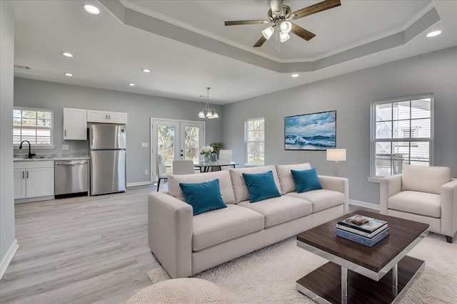 living area featuring crown molding, a tray ceiling, and a healthy amount of sunlight