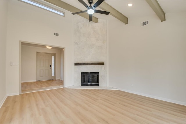 unfurnished living room featuring beam ceiling, visible vents, light wood finished floors, and a ceiling fan