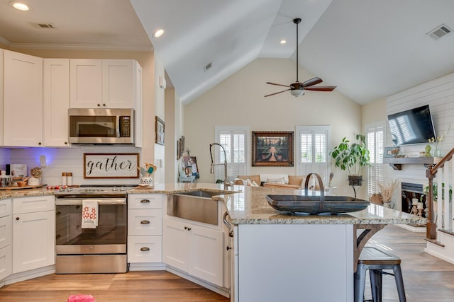 kitchen with a ceiling fan, appliances with stainless steel finishes, a sink, light stone counters, and a peninsula
