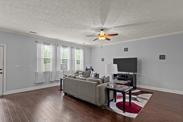 449 Brantley Cove Cir, Grovetown, GA 30813 - living area with ceiling fan, dark wood-type flooring, crown molding, a textured ceiling, and baseboards