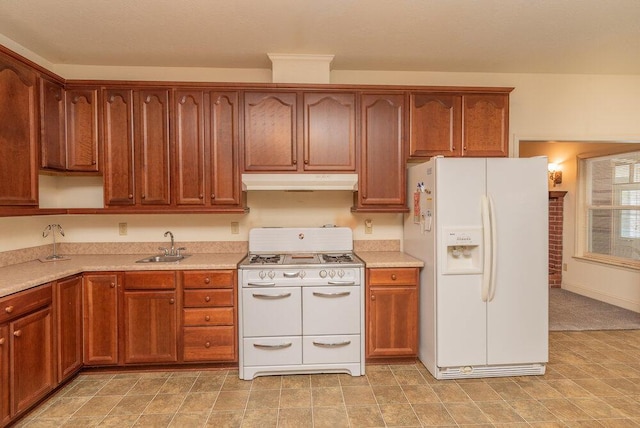 2114 Southlake Pkwy, Augusta, GA 30906 - kitchen featuring white appliances, under cabinet range hood, light countertops, and open shelves