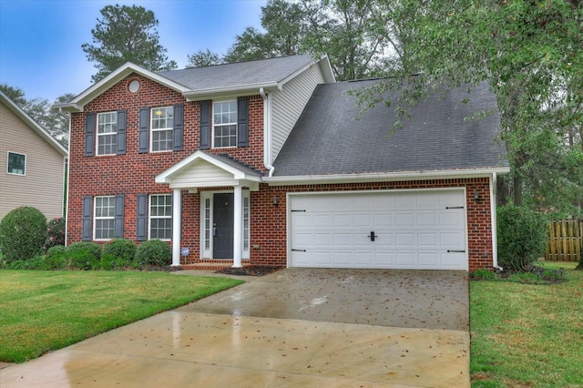 colonial-style house with a garage and a front lawn