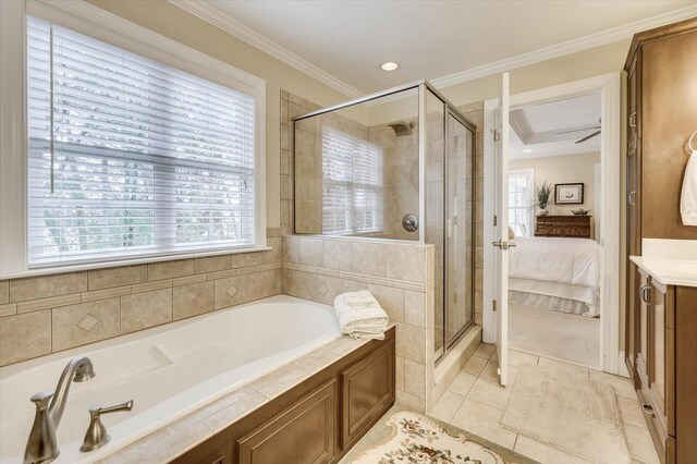 bathroom with tile patterned floors, vanity, crown molding, and a wealth of natural light