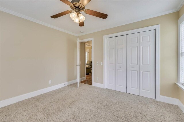 unfurnished bedroom featuring carpet floors, a closet, ceiling fan, and crown molding