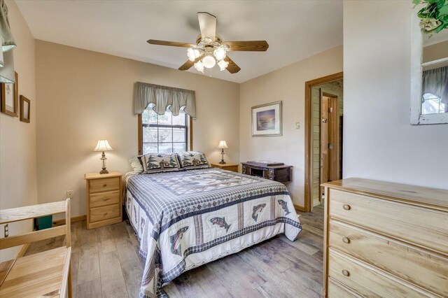 bedroom with ceiling fan and wood-type flooring