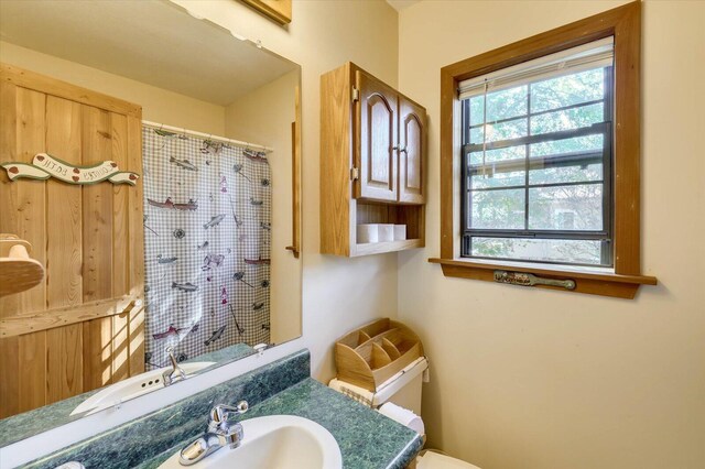 bathroom with vanity, toilet, and curtained shower