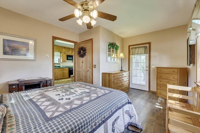 bedroom with ceiling fan and light wood-type flooring