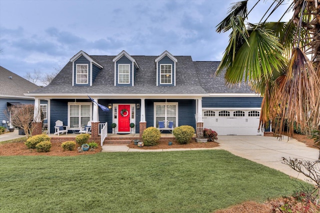 cape cod home with a front lawn, covered porch, an attached garage, and concrete driveway