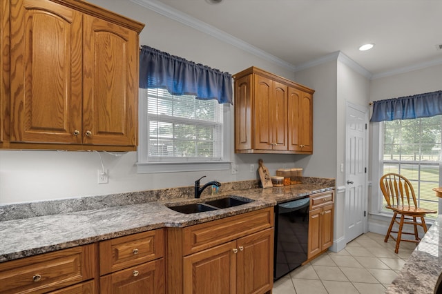 kitchen with a sink, light tile patterned floors, a ceiling fan, light stone counters, and glass insert cabinets