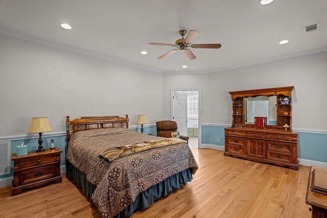 bedroom featuring wood finished floors, recessed lighting, ornamental molding, baseboards, and ceiling fan